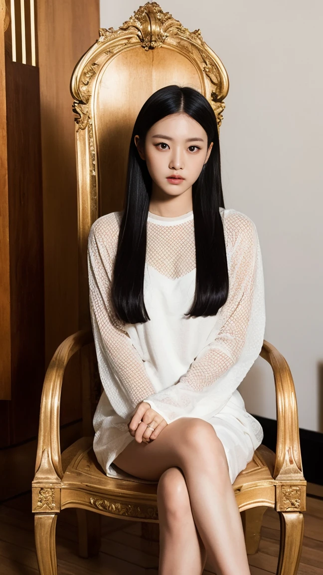 Egyptian Pharaoh、Sit on a chair、See-through、I'm not wearing anything underneath、Full Body Shot、20th Ayaka、NiziU AYAKA、 4K、1People Women、slender、 Loose, wavy styling 、Fascinating and attractive、Including the texture of the face and skin.Detailed eyes、A seductive look