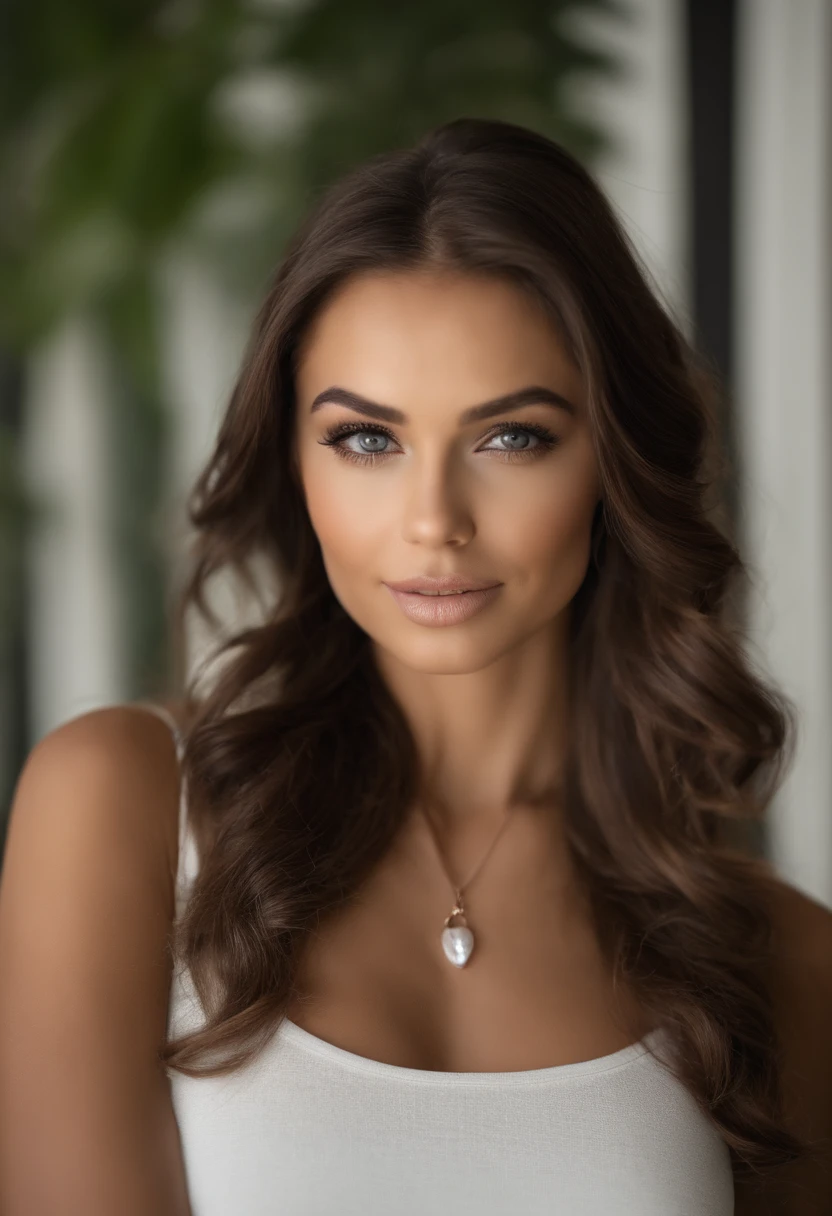 Arafed Woman wearing a white tank top and necklace, Fille sexy aux yeux bleues, tanned skin, Portrait de Sophie Mudd, cheveux bruns et grands yeux, selfie d'une jeune femme, yeux de la chambre, Violette Myers, sans maquillage, Maquillage naturel, regardant directement la caméra, comment con artgram, maquillage subtil, Impresionante foto de corps entier, yeux verts perçants, bel angle, pose attrayante, mignon , pose sexy, Image du corps entier, corps entier, séance photo sur tout le corps, Brown Goddess, high detail, Pose satisfaite, pantalon en cuir