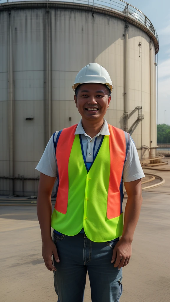 Make a professional picture. The picture is a close up of an engineer wearing yellow safety vest and white helm, standing in front of a huge water tank, he brings a document of technical drawing. he smile on camera and very optimistic. He is Indonesian engineer.