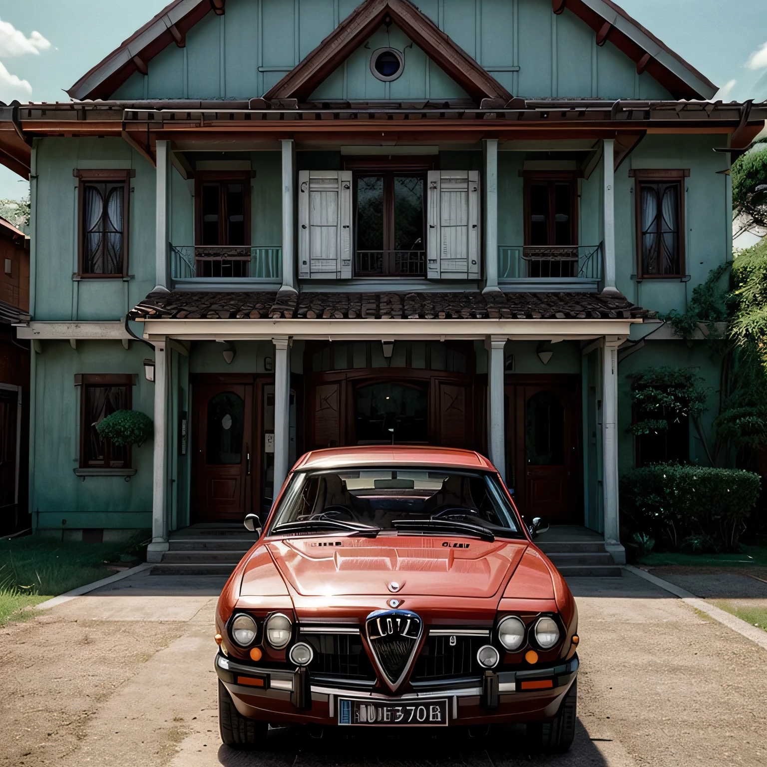 /imagine prompt: Alfa Romeu 164 sedan 4 doors, 1988, red color, fhotorrealism,(((Ghibli style))), Spirited Away, Howl's Moving Castle, dreamy colour palette,