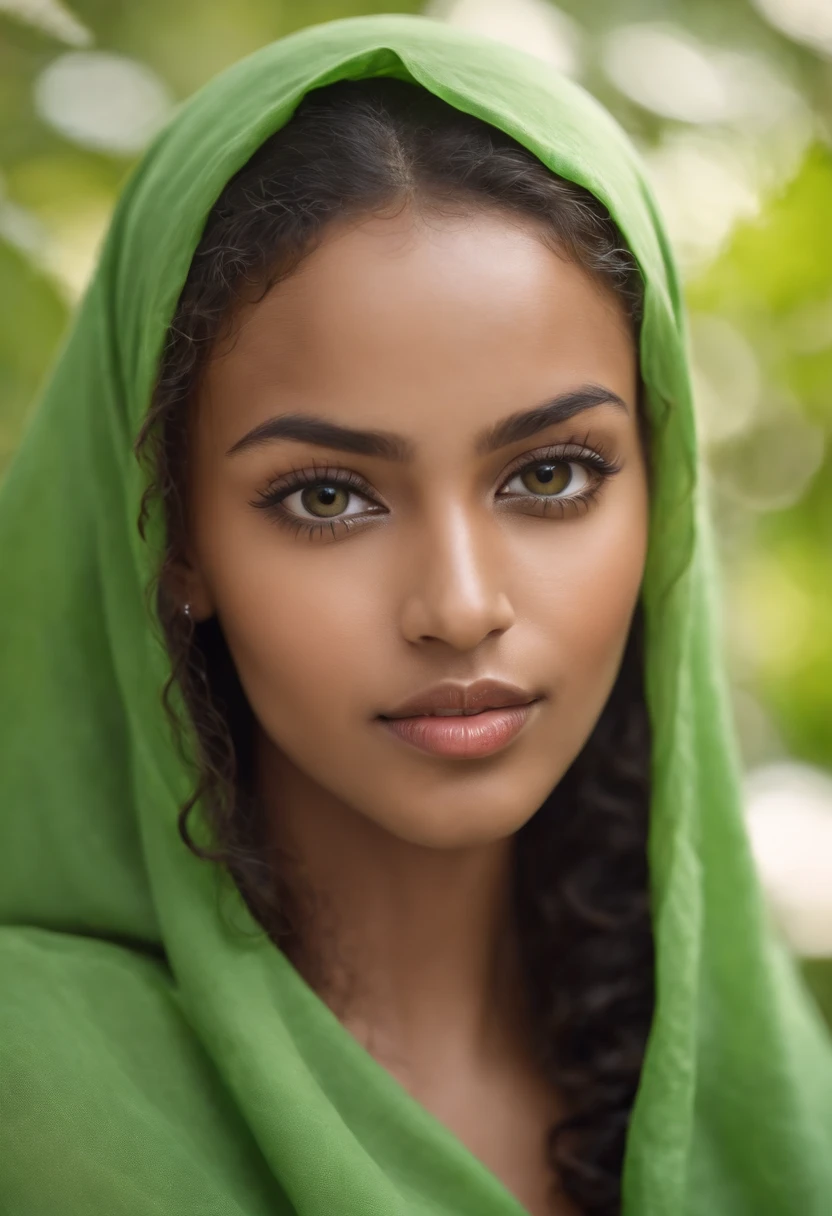A beautiful exotic Ethiopian sexy girl with straight nose, brown glowing skin, long full curly hair, long lashes, mesmerizing green big eyes wearing hijab 