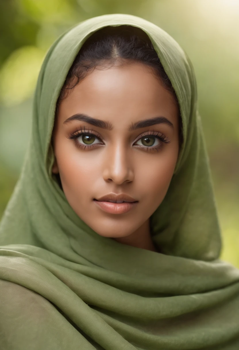 A beautiful exotic Ethiopian sexy girl with straight nose, brown glowing skin, long full curly hair, long lashes, mesmerizing green big eyes wearing hijab