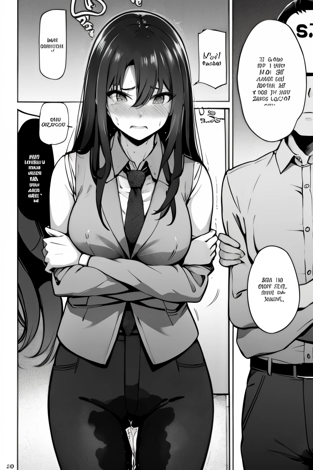 A woman with very long (black hair:1.5), wearing a business outfit consisting of a suit and tight pants, stands in a (monochrome:1.25) setting. The artwork is inspired by manga and incorporates a doujin style. The woman appears to be (wetting herself:1.5), which causes her to feel embarrassed and humiliated, resulting in a blush on her face. In addition, there is an air of anger in her expression. The lighting in the scene is moody, with a spotlight highlighting the woman's figure. She is crossing her arms, (arms crossed:1.5), fully showcasing her pants., medium breasts