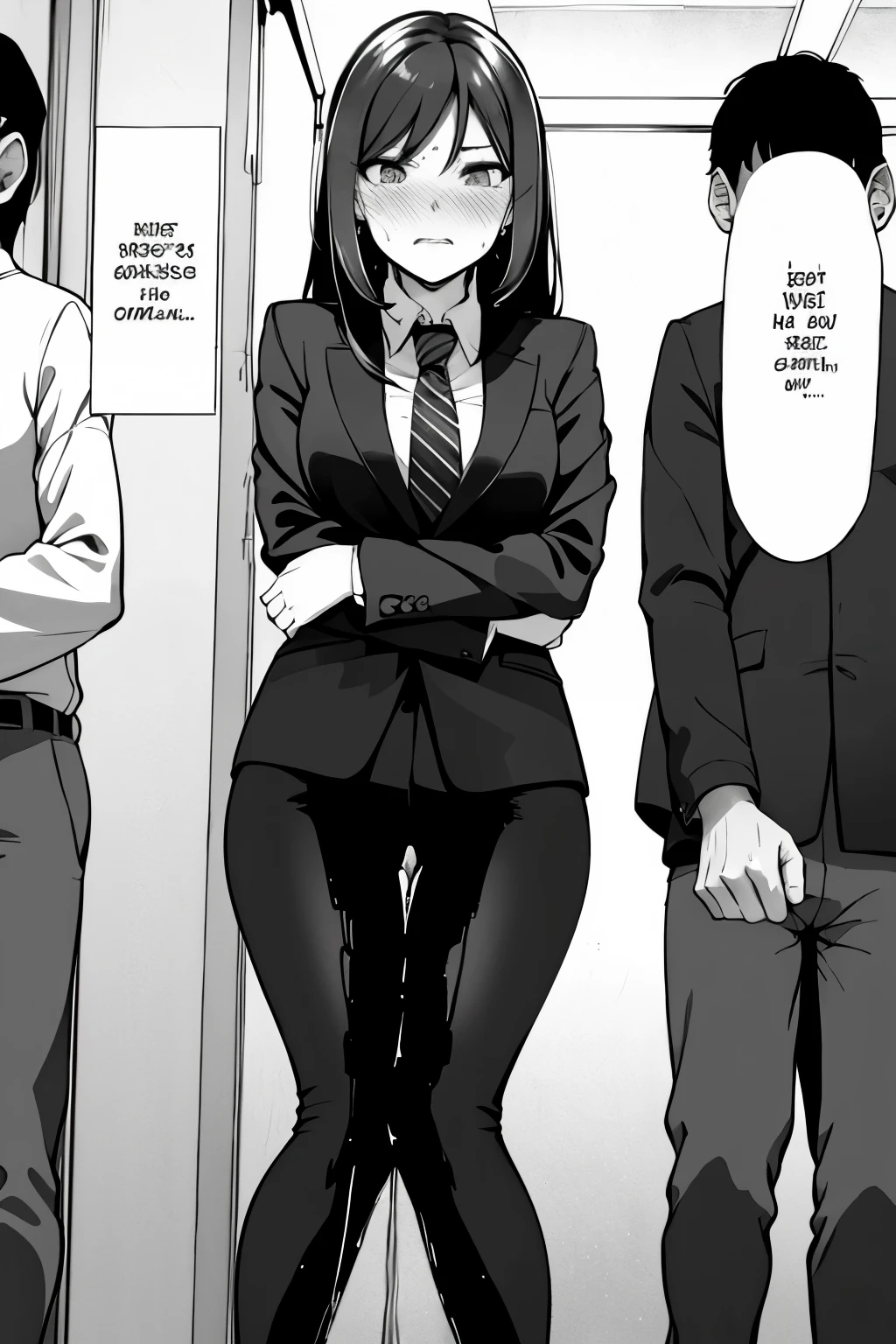 A woman with very long (black hair:1.5), wearing a business outfit consisting of a suit and tight pants, stands in a (monochrome:1.25) setting. The artwork is inspired by manga and incorporates a doujin style. The woman appears to be (wetting herself:1.5), which causes her to feel embarrassed and humiliated, resulting in a blush on her face. In addition, there is an air of anger in her expression. The lighting in the scene is moody, with a spotlight highlighting the woman's figure. She is crossing her arms, (arms crossed:1.5), fully showcasing her pants., medium breasts