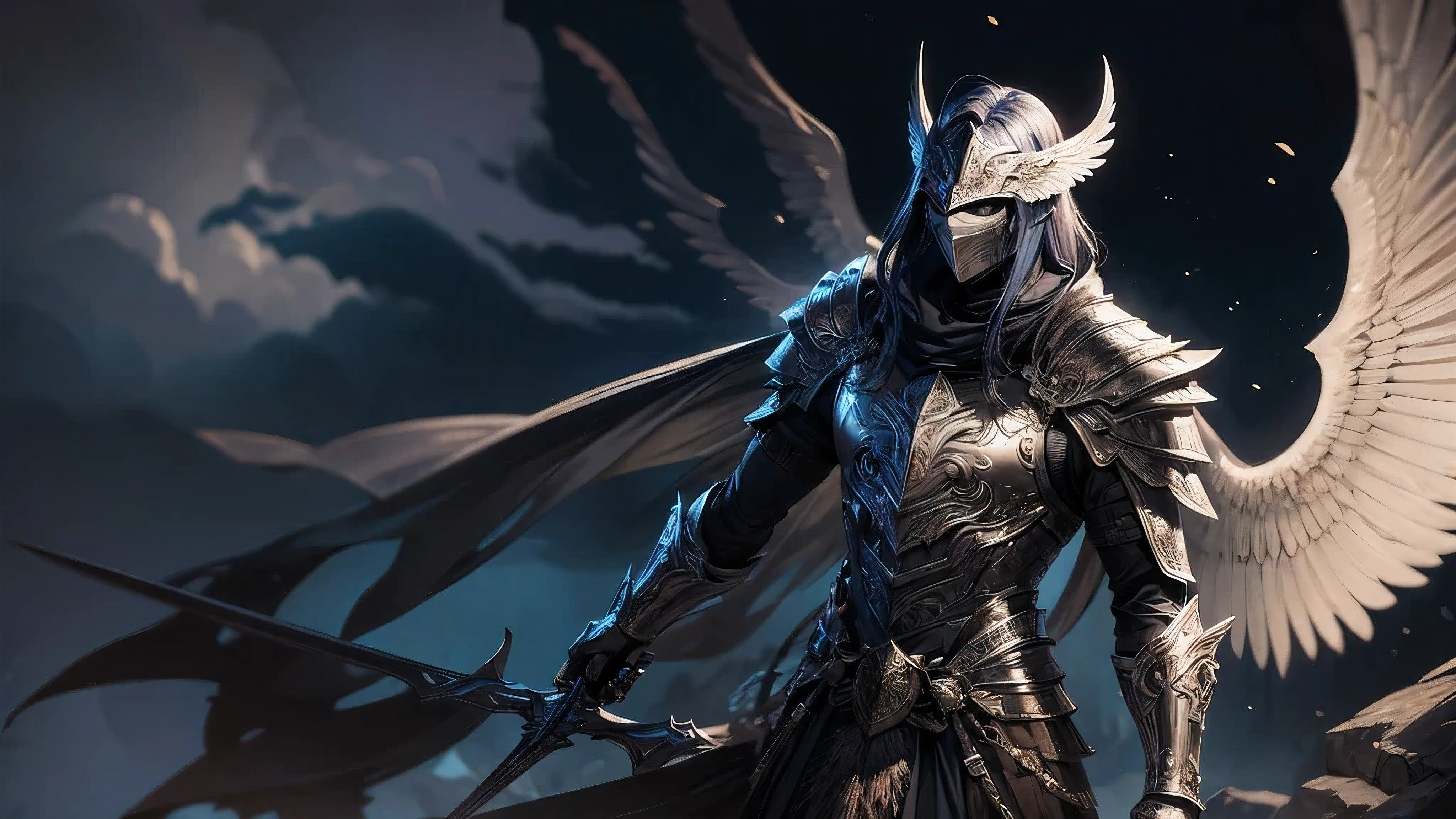 a man with wings and sword,masked,illustration,ultra-detailed,fantasy,feathers,glowing wings,powerful,majestic,heroic,charismatic,ancient armor,battle-ready,ethereal colors,mysterious lighting