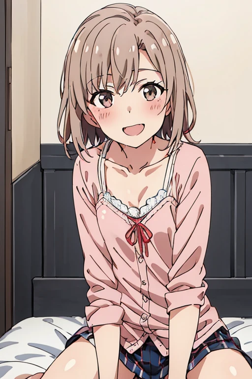 ((highest quality)), ((masterpiece)), (be familiar with), Perfect Face, indoor, Bedroom, Watching the audience,
One woman, Yuigahama Yui,
Open Mouth, Ecstatic expression, blush, smile,
Small breasts, Flat Chest, Young Girl, , , Girl,
Short Hair, Salmon-colored hair, Salmon-colored eyes, Side Pony,
Leg spread,