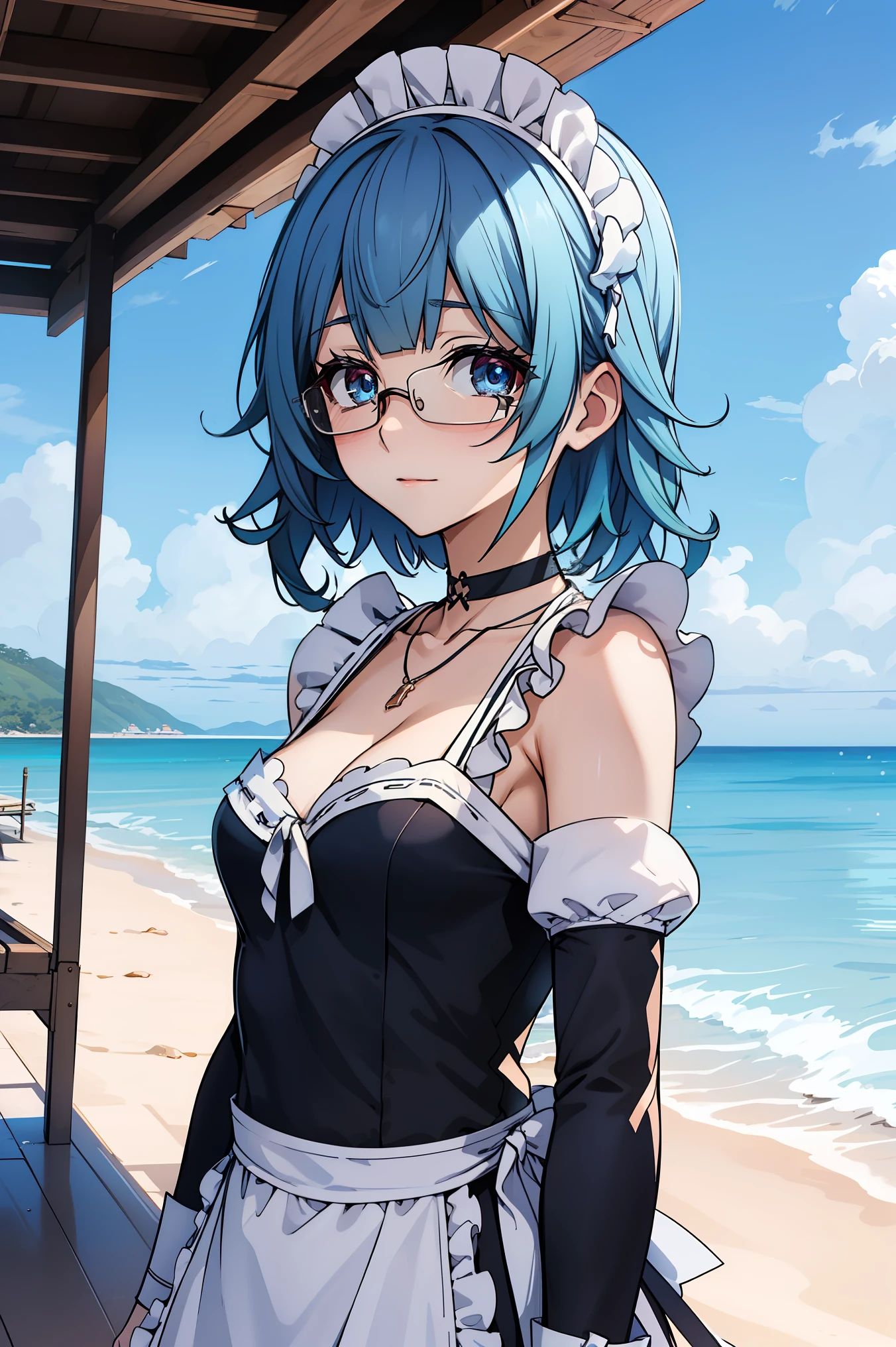sarashiki kanzashi,1girl,solo,short hair,blue hair,red eyes,glasses,bangs,medium hair,
BREAK (black dress ,maid headdress, maid apron, maid dress,white collar ,necklace,long_sleeves,maid,collarbone,choker,fingerless_gloves:1.2),
BREAK (outdoor,Blue sky,White cloud,beach,shore,seawater:1.2)
BREAK standing,arms behind back,
BREAK (masterpiece:1.2), best quality, high resolution, unity 8k wallpaper, (illustration:0.8), (beautiful detailed eyes:1.6), extremely detailed face, perfect lighting, extremely detailed CG, (perfect hands, perfect anatomy),