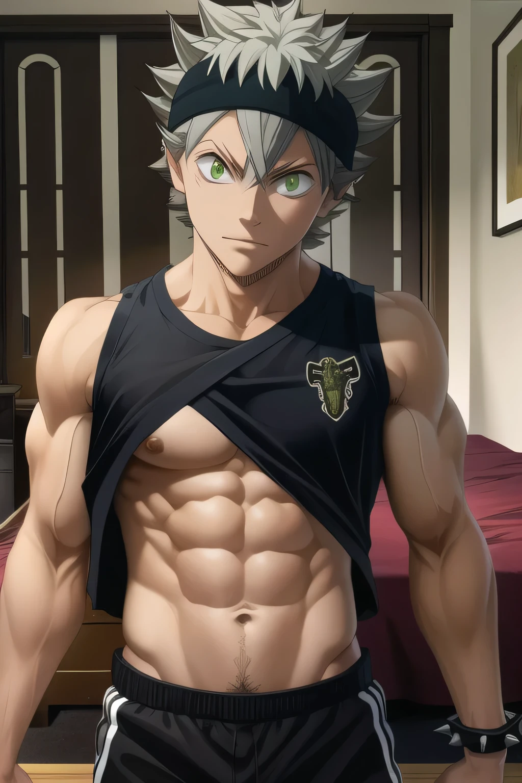 masterpiece, best quality, high quality, 1boy, solo, male focus, half opened shirt, exposed muscle, abs, looking at viewer, waist body, asta, green eyes, black headband, grey hair, in bedroom, spiked hair,,