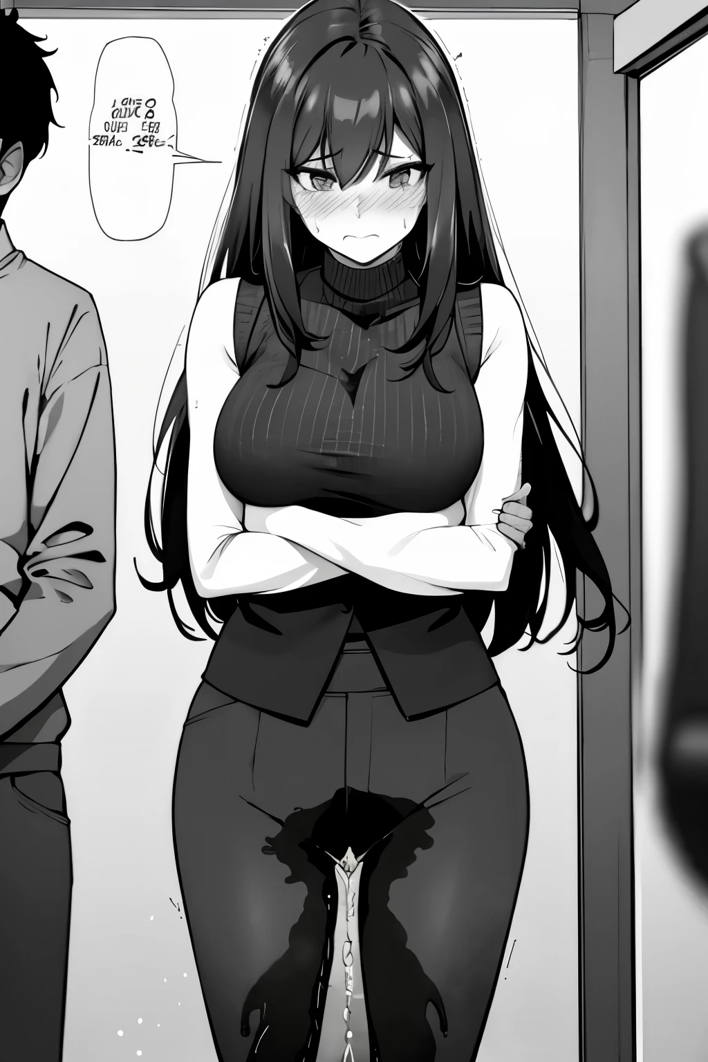 A woman with very long (black hair:1.5), wearing a business outfit consisting of a suit and tight pants, stands in a (monochrome:1.25) setting. The artwork is inspired by manga and incorporates a doujin style. The woman appears to be (wetting herself:1.5), which causes her to feel embarrassed and humiliated, resulting in a blush on her face. In addition, there is an air of anger in her expression. The lighting in the scene is moody, with a spotlight highlighting the woman's figure. She is crossing her arms, (arms crossed:1.5), fully showcasing her pants., medium breasts