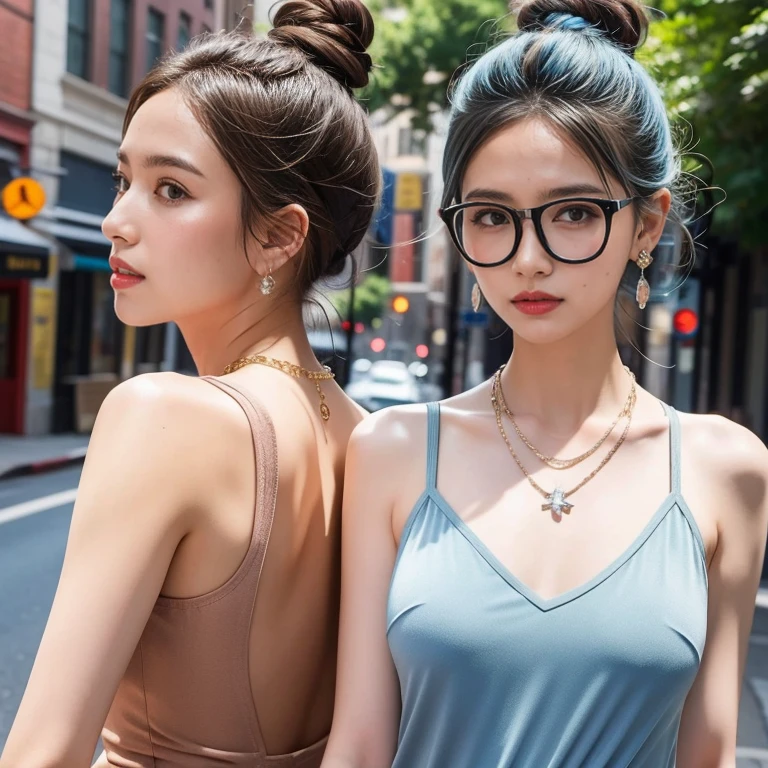 (masterpiece, highest quality, highest quality), (((Perfect body))),Shaggy Hair,Middle Hair,Hair Bun,Light blue hair color,Pale black jumpsuit,beautifully,Mysterious:1.2, (One Girl:1.3), Very detailed, Mature Woman,A kind smile,Boston-type glasses, (Mouth closed), (highest qualityのmasterpiece:1.2) Delicate illustrations, Most detailed,Upper body portrait, (Street background:1.3), (Shiny skin), (Many colors:1.4), ,(Earrings),((necklace))), Great trekking shoes:1.3,walking,