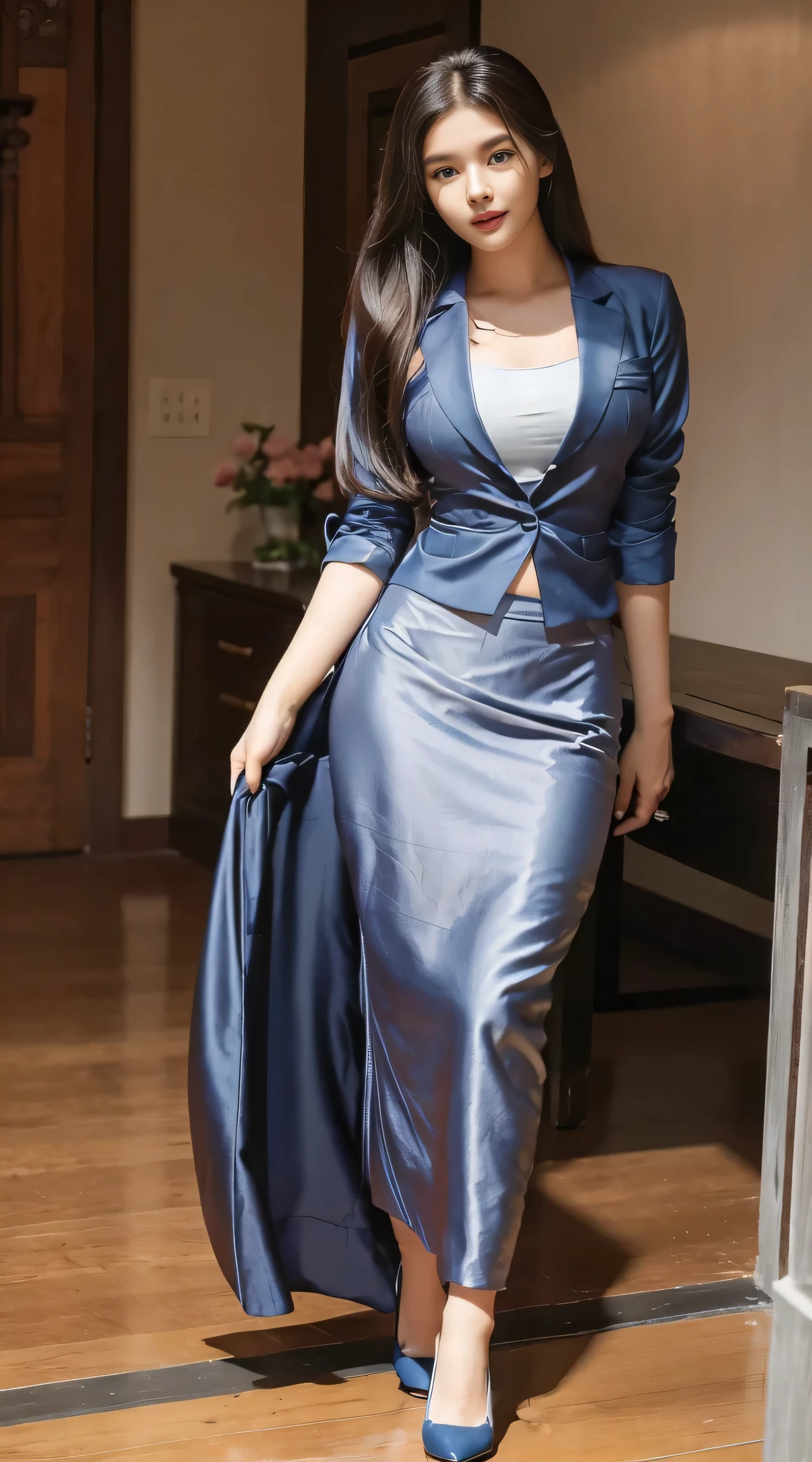 Foto hiperrealista en primer plano de Emily Sears , masterpiece, best quality, (photorealistic:1.4), full body, (dark blue blazer:1.2) (white blouse:1.2), (dark blue pencil skirt:1.1), (buissnes suit:1.2), (dark blue heels:1.2), hall, wooden floor, cinematic light, beautiful woman, skinny, large r, straight hair, detailed face, smile, emphasize round ass,proing round ass