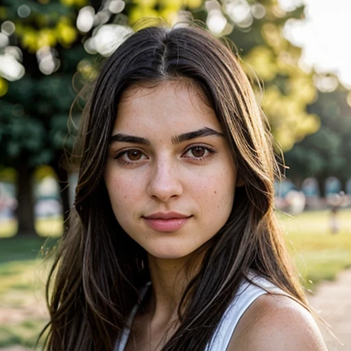 A photorealistic portrait of a 19-year-old espagnol girl with long, flowing dark hair and striking dark eyes. She should have a natural, approachable expression and be illuminated by soft, golden-hour sunlight. The background should be a scenic outdoor setting, perhaps a sunlit park or beach. Capture this image with a high-resolution photograph using an 85mm lens for a flattering perspective. watch TV