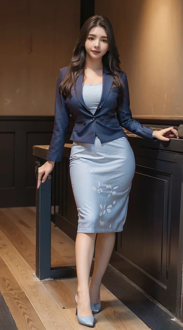 Foto hiperrealista en primer plano de Emily Sears , masterpiece, best quality, (photorealistic:1.4), full body, (dark blue blazer:1.2) (white blouse:1.2), (dark blue pencil skirt:1.1), (buissnes suit:1.2), (dark blue heels:1.2), hall, wooden floor, cinematic light, beautiful woman, skinny, large breastsr, straight hair, detailed face, smile, emphasize round ass,produding round ass