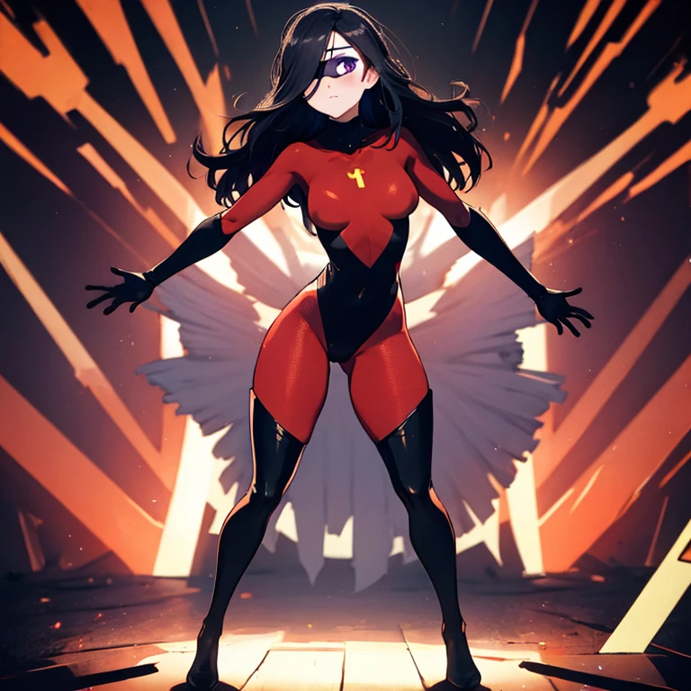 (full body),masterpiece,Describe in great detail、highest quality, (One girl), Alone，Violet Par, Eye mask，Long Hair, Black Hair,  Purple eyes，Hair on one eye,  (Red hero suit)，Red bodysuit，black elbow gloves，Black Thigh Boots，Cowboy Shot,Dynamic Angle，Thick thighs，Spread your legs，View your viewers, Beautiful face，Simple Background 