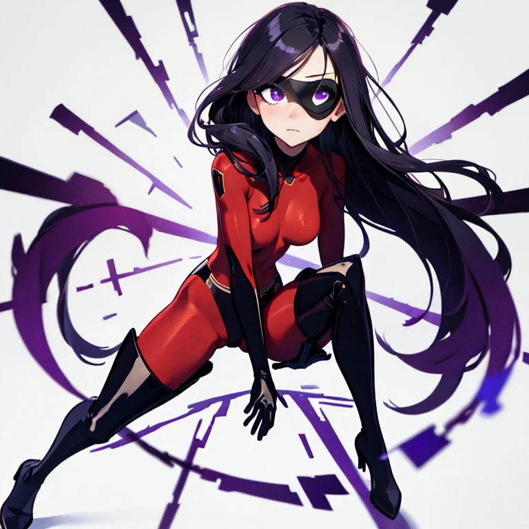 (full body),masterpiece,Describe in great detail、highest quality, (One girl), Alone，Violet Par, Eye mask，Long Hair, Black Hair,  Purple eyes，Hair on one eye,  (Red hero suit)，Red bodysuit，black elbow gloves，Black Thigh Boots，Cowboy Shot,Dynamic Angle，Thick thighs，Spread your legs，View your viewers, Beautiful face，Simple Background 