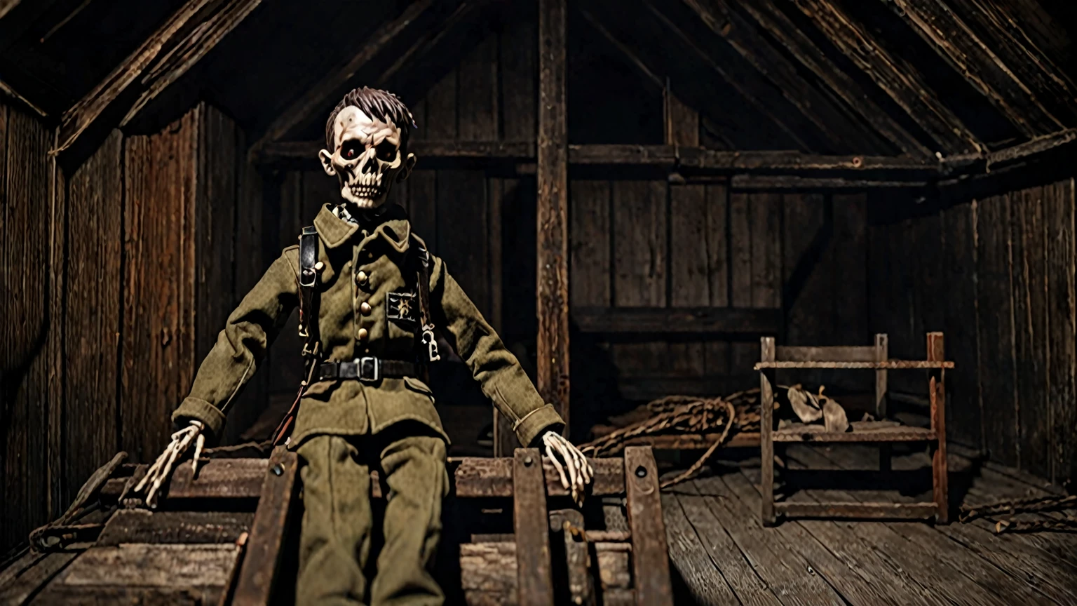 Wendigo, haunted doll, Creepy attic that looks like a soldier from modern wars , Old mansion, Tonos oscuros, inspired by the gothic horror genre