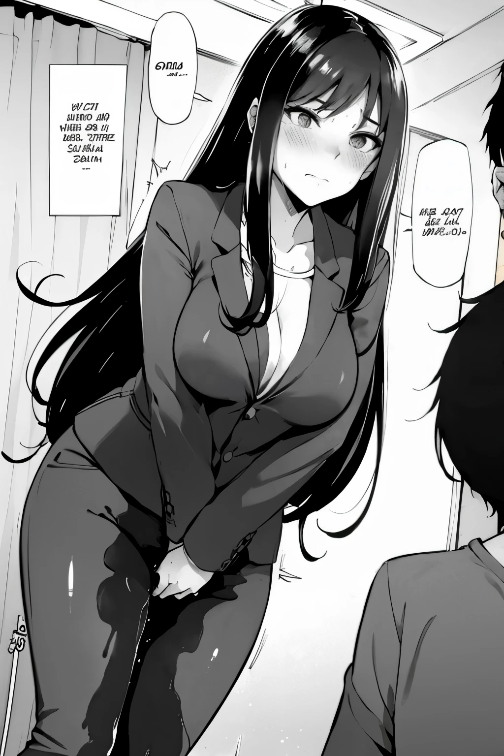 A woman with very long (black hair:1.5), wearing a business outfit consisting of a suit and tight pants, stands in a (monochrome:1.25) setting. The artwork is inspired by manga and incorporates a doujin style. The woman appears to be (wetting herself:1.5), which causes her to feel embarrassed and humiliated, resulting in a blush on her face. In addition, there is an air of anger in her expression. The lighting in the scene is moody, with a spotlight highlighting the woman's figure. She is crossing her arms, (arms crossed:1.5), fully showcasing her pants., medium breasts