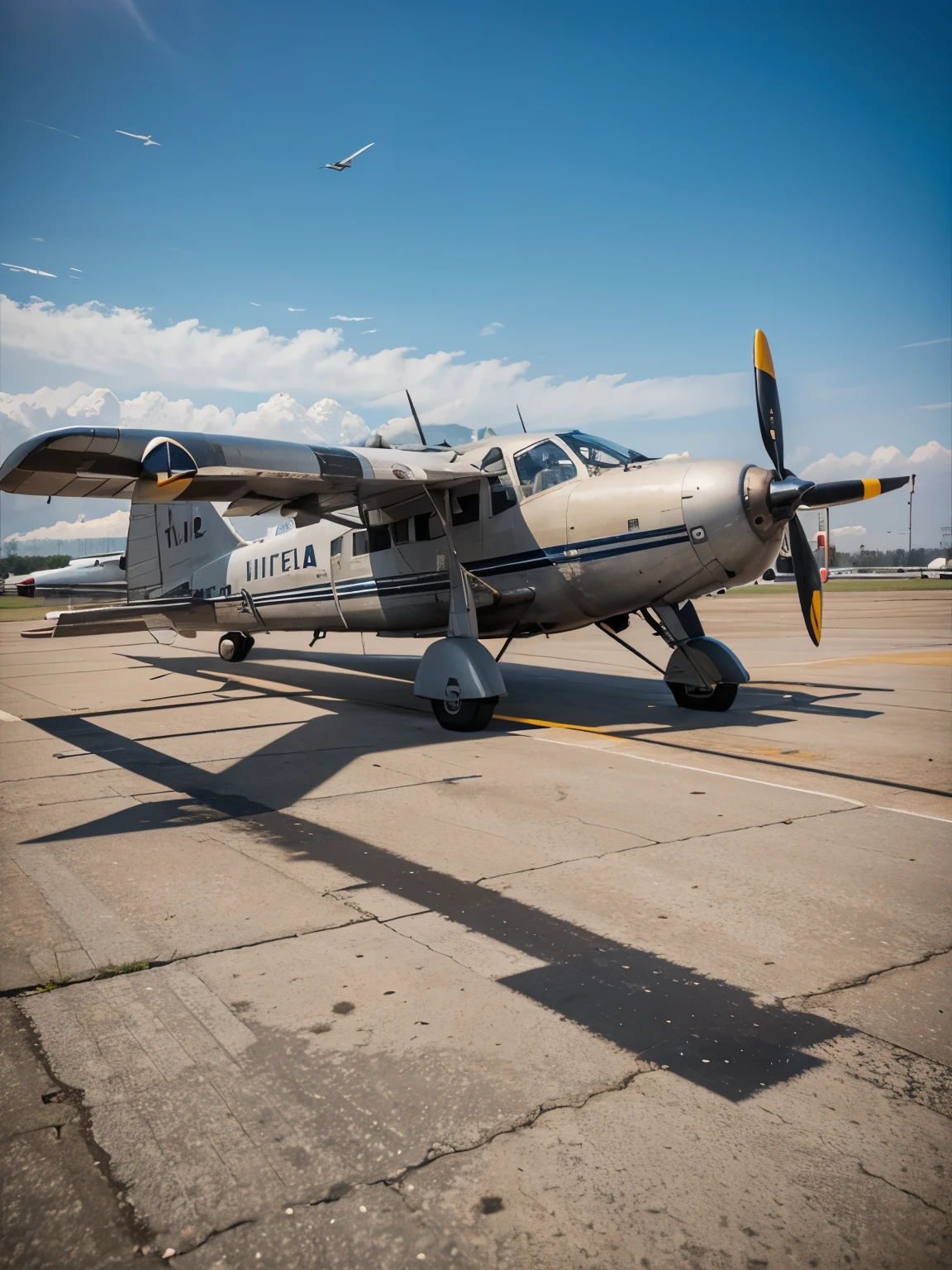 old plane flying, ultra detailed, high quality, 8k resolution, zoom out, side angle