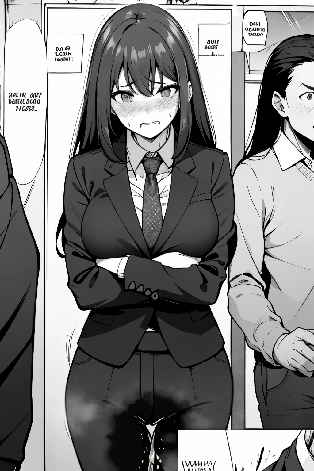 A woman with very long (black hair:1.5), wearing a business outfit consisting of a suit and tight pants, stands in a (monochrome:1.25) setting. The artwork is inspired by manga and incorporates a doujin style. The woman appears to be (wetting herself:1.5), which causes her to feel embarrassed and humiliated, resulting in a blush on her face. In addition, there is an air of anger in her expression. The lighting in the scene is moody, with a spotlight highlighting the woman's figure. She is crossing her arms, (arms crossed:1.5), fully showcasing her pants., medium breasts