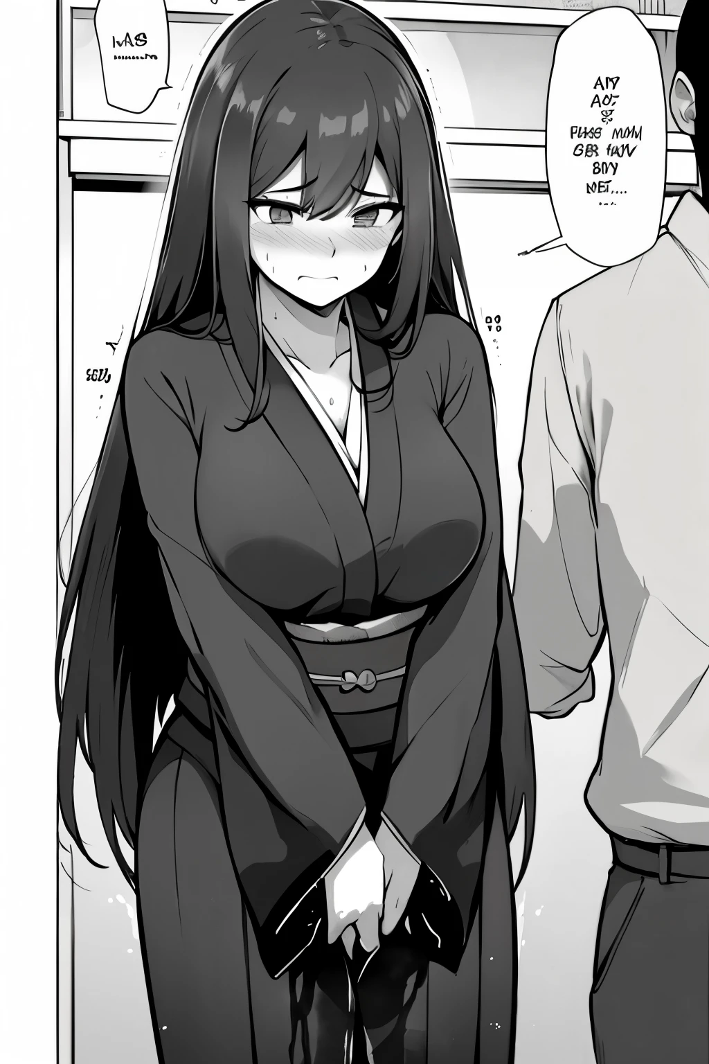 A woman with very long (black hair:1.5), wearing a kimono, stands in a (monochrome:1.25) setting. The artwork is inspired by manga and incorporates a doujin style. The woman appears to be (wetting herself:1.5), which causes her to feel embarrassed and humiliated, resulting in a blush on her face. In addition, there is an air of anger in her expression. The lighting in the scene is moody, with a spotlight highlighting the woman's figure. She is crossing her arms, (arms crossed:1.5), fully showcasing her kimono., medium breasts, full kimono