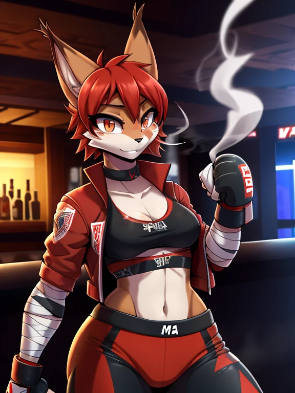 Anthropomorphic furry lynx girl, poisen, Red hair, wearing a jacket with a smoke pattern on it, in black pants, hands in bandages, (((MMA fighter))),   working in a bar as a bartender in anime style, 