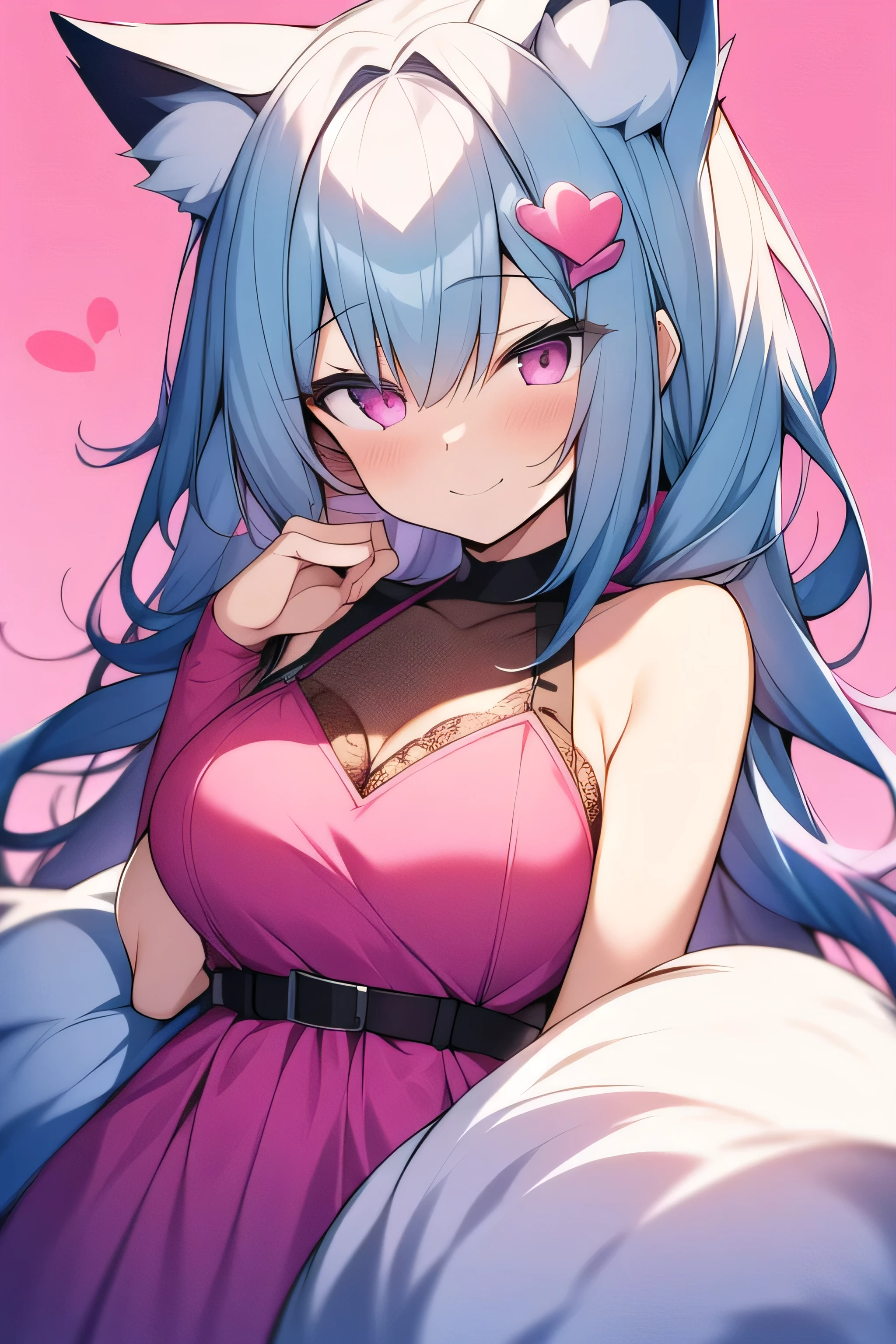 absurdres,  (Personification of a wolf:1.2),a girl with ice blue hair and red eyes with pink hearts and hearts around her eyes, official art,pink background, red hearts in background , upper body, seductive smile, wearing a pink sexy dress