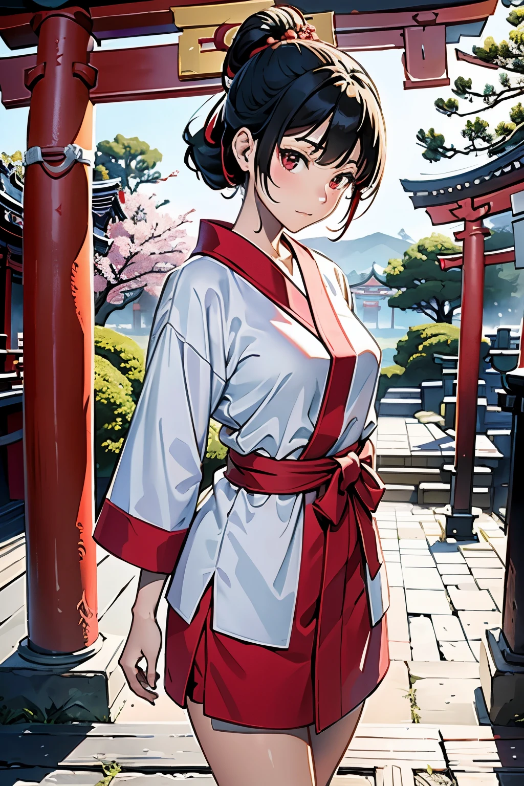 Amidst the vibrant hues of an Inari Shrine, there stands a maiden, her ethereal figure contrasting against the fiery crimson of the centrally positioned torii gate. The intricate details of her visage are beautifully captured in this ultra HD, real photo, with each fine line and curve skillfully rendered through a 18mm lens. Her white top, delicate and unassuming, pairs perfectly with the bold red of her bottoms, a testament to her unique style. The torii gates in the background, with their distinct curves and intricate carvings, are rendered in stunning detail, providing a breathtaking backdrop to the scene. The sharp focus and