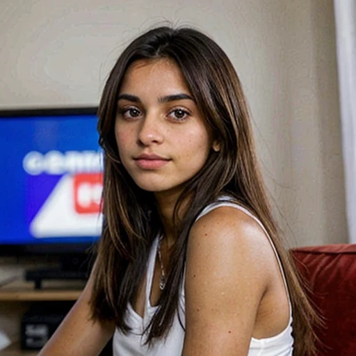 portait colombienne brune assez former de 19 ans regarde la tele