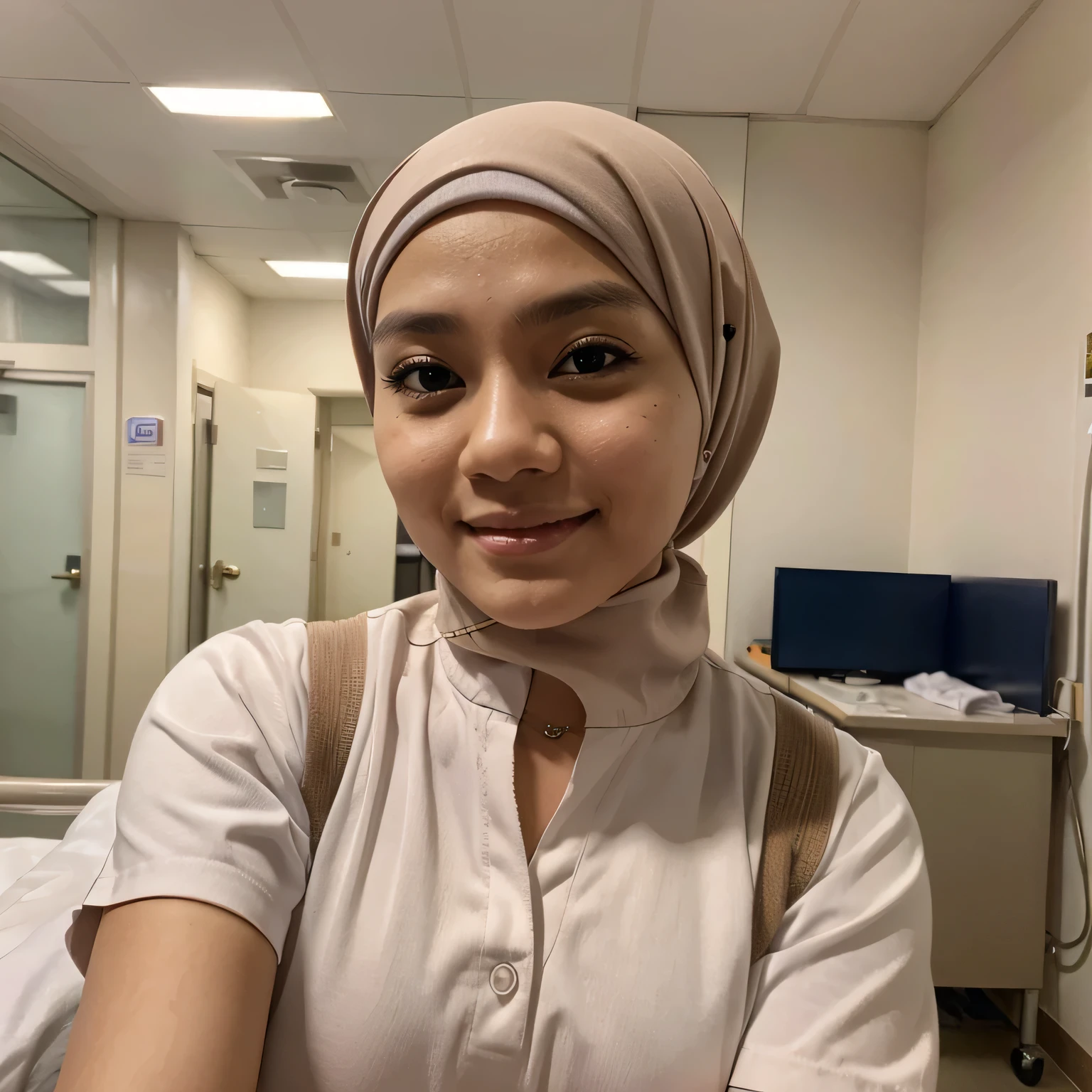 1 cute young malay nurse pose at hospital, wear hijab