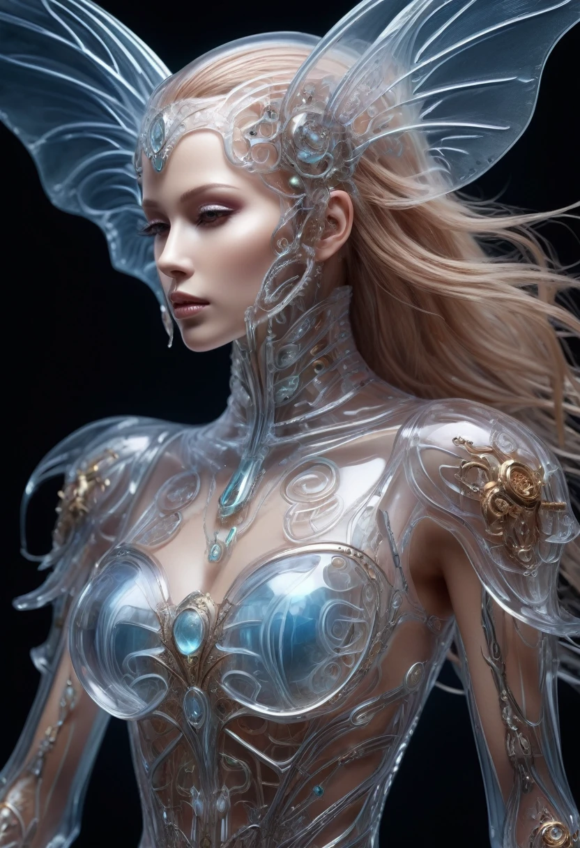 bioMechanical style Ultra detailed illustrations, Phantom Magical Creatures, (Translucent skin: 1.5), (with translucent body: 1.5) Ms. Schiff's Art, Neon, Light Particles, color, cmyk color, Backlight, Cyberpunk, close up, Mechanical, (whole body: 1.9), Dark background, View from top to bottom. blend of organic and Mechanical elements, Futurism, Cybernetic, detailed, complicated,Selective focusing, Miniature effect, Blurred background, highly detailed, Full of energy, View control,(Rich color:1.6),Crab