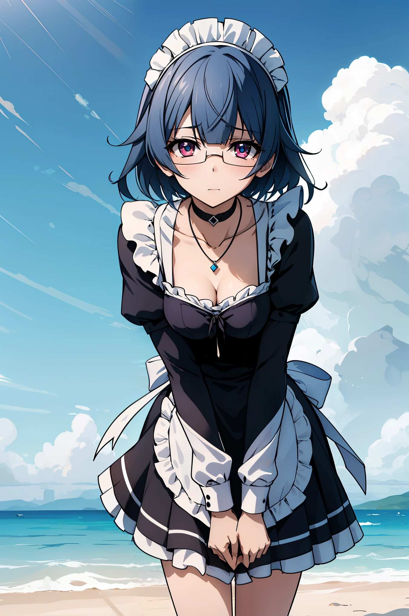 sarashiki kanzashi,1girl,solo,short hair,blue hair,red eyes,glasses,bangs,medium hair,
BREAK (black dress ,maid headdress, maid apron, maid dress,white collar ,necklace,long_sleeves,maid,collarbone,choker,fingerless_gloves:1.2),
BREAK (outdoor,Blue sky,White cloud,beach,shore,seawater:1.2)
BREAK open one's legs、Taken from below、low angles, drooing eyes、glares、angry looking face、Shyness、glares、up chest,
BREAK (masterpiece:1.2), best quality, high resolution, unity 8k wallpaper, (illustration:0.8), (beautiful detailed eyes:1.6), extremely detailed face, perfect lighting, extremely detailed CG, (perfect hands, perfect anatomy),