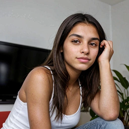 portait colombienne brune assez former de 19 ans regarde la tele sur son canaper