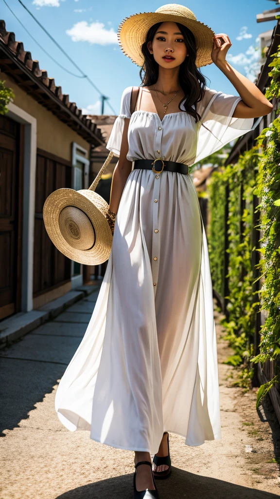 Beautiful maxi dress portrait, Espadrilles, Woven Belt, Straw hat, statement ring