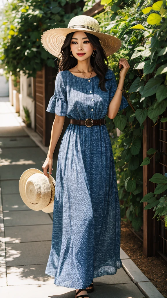 Beautiful maxi dress portrait, Espadrilles, Woven Belt, Straw hat, statement ring