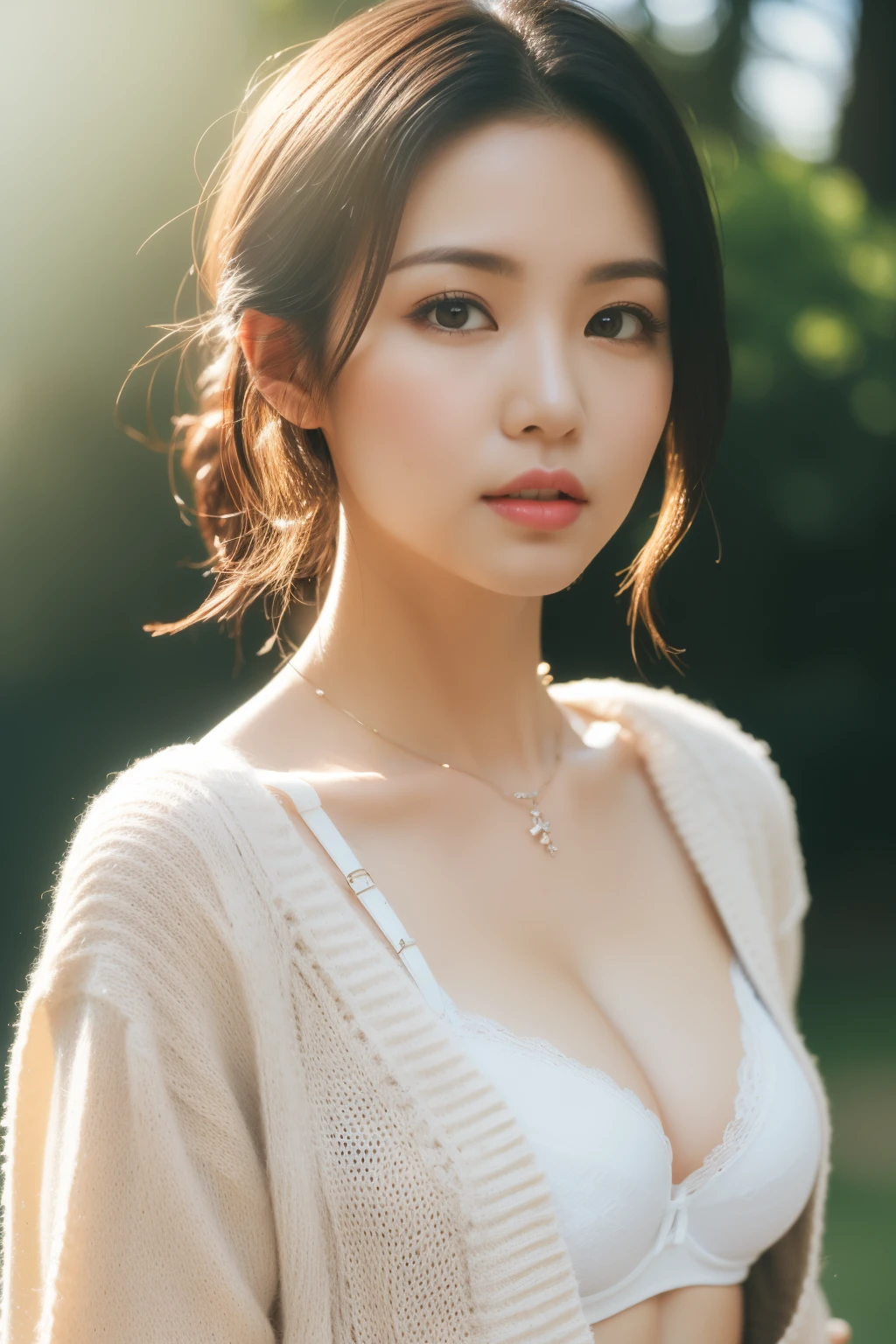 asian lady wear (((white cardigan))), ((black bra and straps), necklace, small breast, rounded shape breast,  ((she)), ((mid-shot, full body, slender waist)), Hair Up Do、 Glowing eyes, nose blush, Carl Larsson, Alfonse Mucha, Chiaroscuro, Film Glenn, reflective light, (((mid-Shot))), waist to top,longshot show full body, masterpiece, high details, sun light on her, leaf shading, ((lean forward)) ,