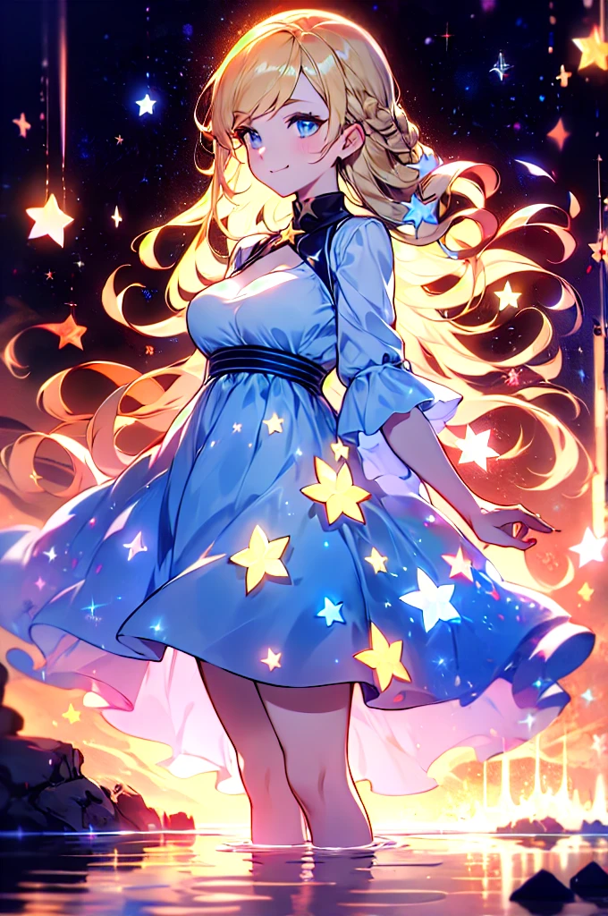 xcdd, dress, wading, star, water, sky, night, glowing, sparkle, star, night sky, backlighting, light particles, floating hair, absurdres, ultra detailed, masterpiece, best quality, aesthetic, detailed,, solo, soft smile, light smile,
katya1, 1girl, blue eyes, very long hair, blonde hair, long blonde hair, french braid, bangs, medium breasts,