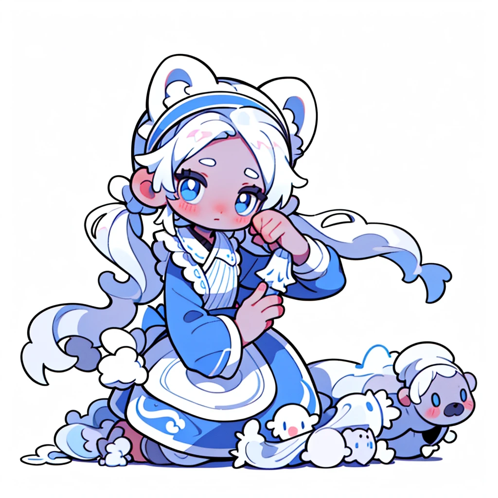 Best Quality, masterpiece, long hair,  solo, long pigtails, white background, white hair, simple background, long hair, light blue eyes, ((dark skin 1:1)), dark skin, blushing, light blue maid costume, oversized light blue hoodie, white bear ears, (normal lighting), maid headband, tenshi kaiwai, ((solo)), ((1girl)), facing camera