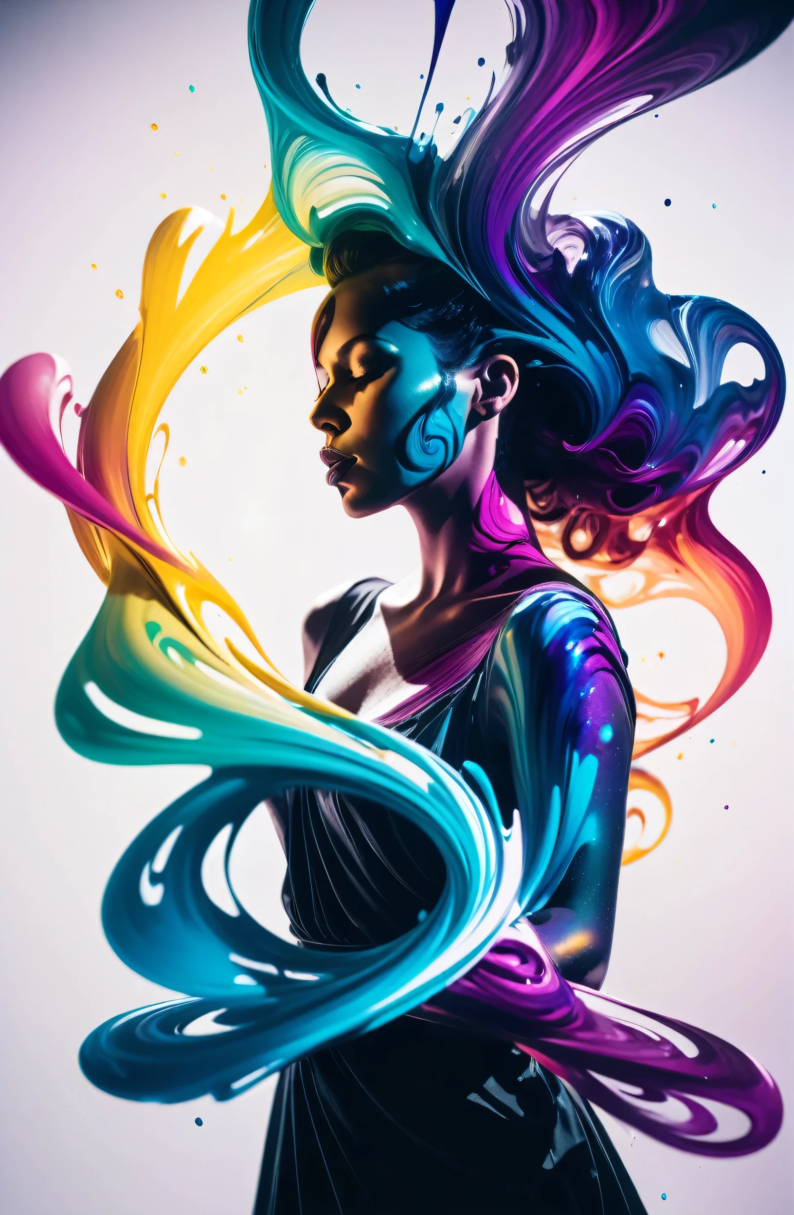 photograph, cinematic color grading, singer made of sparkling multicolor swirling ink