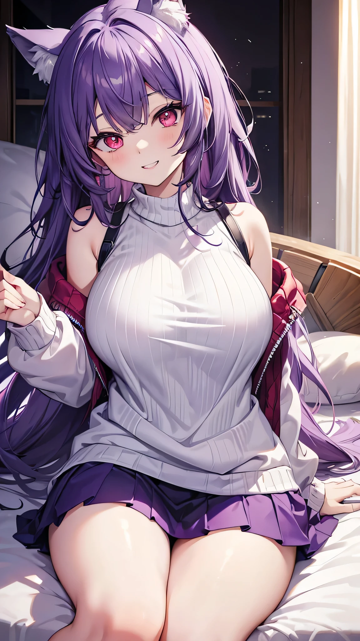 Wolf Girl, Large Breasts, Voluminous, messy purple hair, masterpiece , Red eyes, hd,Close-up of face 、 tooth、Double teeth,, On the bed、Thick thighs、Grinning、White sleeveless sweater、mini skirt