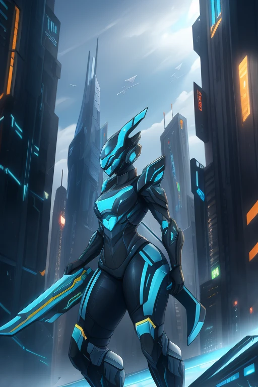 Skysky， Clouds， holding_weapon， no_humans， Glow， Warframe robots，Planes、 buliding， scientific fiction， City， Realistis --v6