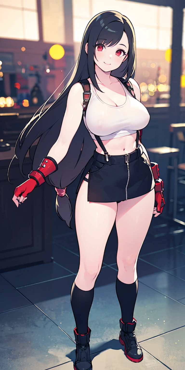 (8k, best quality, masterpiece:1.2) (realistic, photo-realistic:1.37) (full body) 1female solo girl, standing, legs apart (wide stance) standing contrapposto, ultra-detailed, cute (Tifa Lockhart) (large breasts:1.5) (beautiful detailed eyes) (smile:1.2) (closed mouth) sharp focus, depth of field, good composition, Final Fantasy VII, very long straight hair, hair bang ((red_eyes)), intricate, bokeh (Tetsuya Nomura style) perfect breasts, white tank top, black thong, suspenders, gloves, stockings, toned body, athletic, wide hips, thin waist, toned arms, exposed abdomen, view from behind