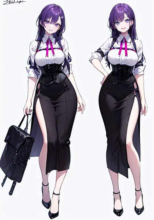 Purple Hair,Super long hair with volume,Adult female,(suit),White Y-shirt,((Rolling up his sleeves)),(corset),(Black skirt),(Slim silhouette skirt),(High heels),Heels are visible,((Simple white background)),smile,((whole body)),((full body)),Character Sheet,