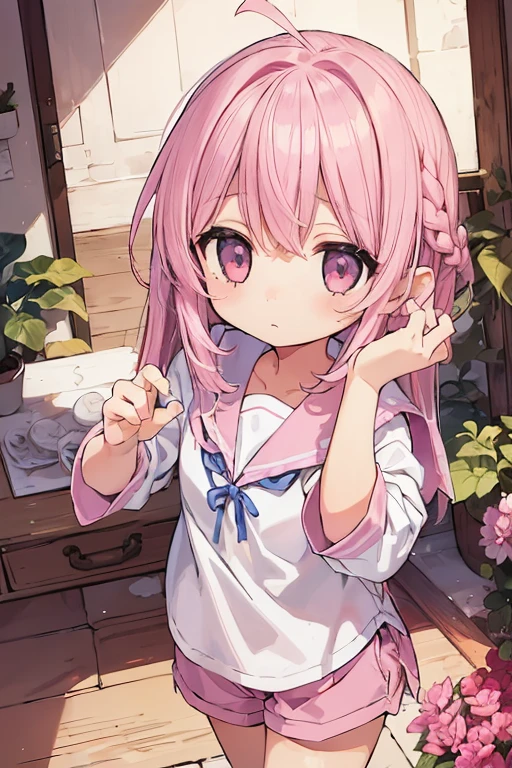 Beautiful illustrations, highest quality, (12-year-old girl:1.4)、(pretty girl:1.5)、、Flat Chest、Sailor collar、(White long tunic)、Long sleeve sailor suit、Blue-line cuffs、(Pink Chino Shorts:1.7)、(Pink shorts with wide openings:1.6)、Gap between thigh and pants、Thin thighs、White socks、 Cinema Lighting, (Pink Long Hair)、Pink Straight Hair、Redness on the cheeks、(Braiding of the back of the head)