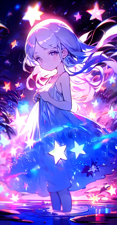 xcdd, dress, Water play, star, water, null, night, Shine, Shine, star, night null, Backlight, Particles of light, Floating Hair,, Absurd, ultra detailed, masterpiece, highest quality, beautiful, detailed,, Severe, One girl, (White eyes:1.1), (Grey Eyes:1.3), Gray Hair, Very long hair, Parted hair, Parted bangs, Medium chest,