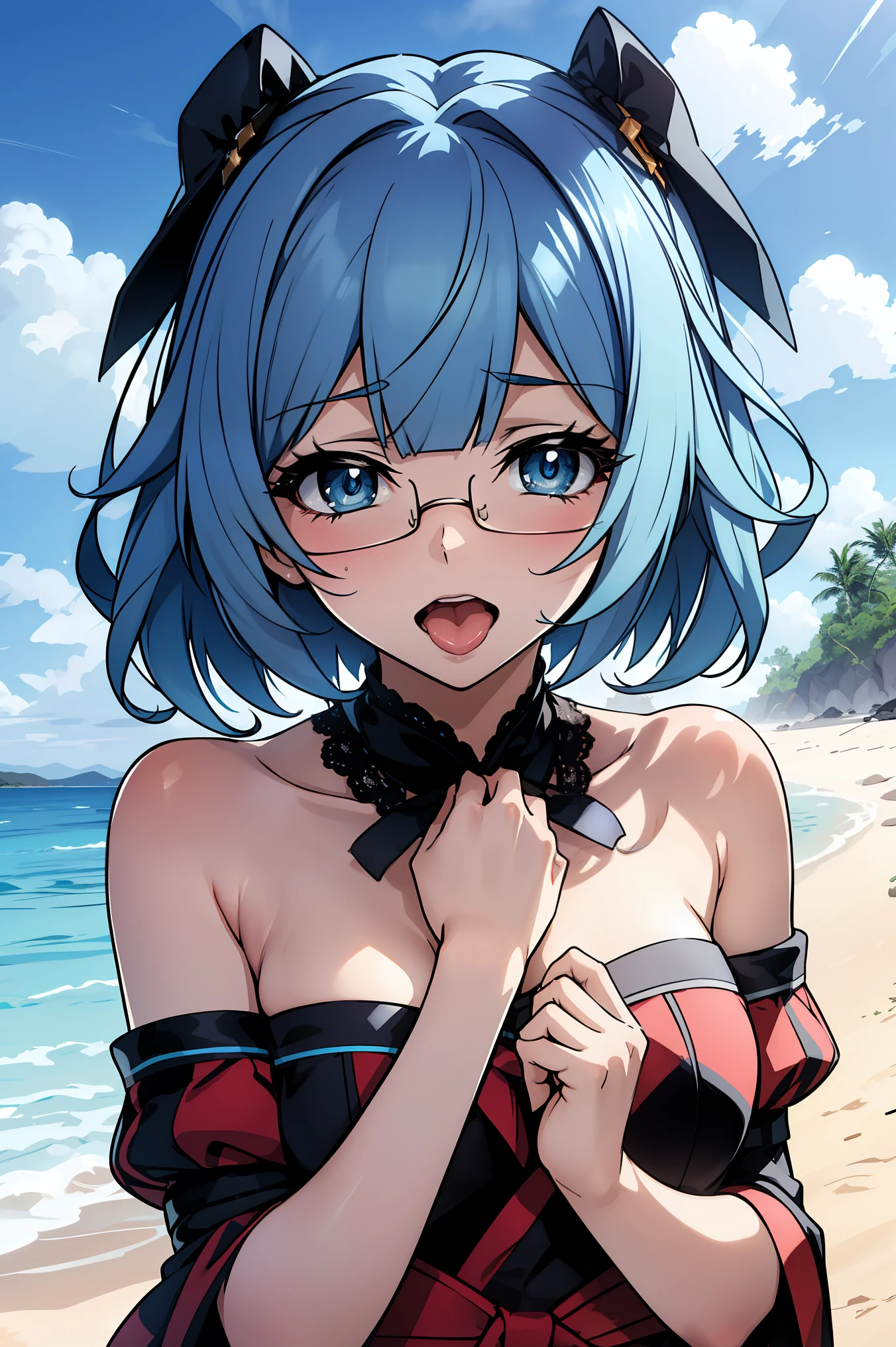 sarashiki kanzashi,1girl,solo,short hair,blue hair,red eyes,glasses,bangs,medium hair,
BREAK (bare shoulders, bow, cleavage, dress, frills, lace, ribbon:1.2),
BREAK (outdoor,Blue sky,White cloud,beach,shore,seawater:1.2)
BREAK eyes rolling, tongue sticking out, with tongue, crazy, open mouth, screaming, ahegao, heavy breathing, blush, sweat,
BREAK (masterpiece:1.2), best quality, high resolution, unity 8k wallpaper, (illustration:0.8), (beautiful detailed eyes:1.6), extremely detailed face, perfect lighting, extremely detailed CG, (perfect hands, perfect anatomy),