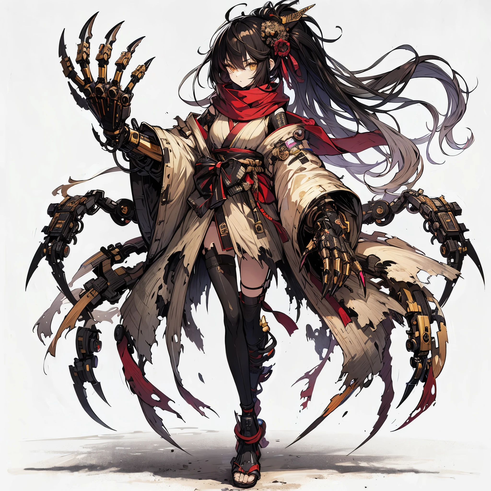 (Masterpiece, top quality), (detailed hair), super detailed, anime style, full body, solo, concept art, cyberpunk fighter girl, one topknot black hair mixed with yellow hair, gold eyes, right hand converted to cybernetic terrifying claw. torn cyber-kimono, and red muffler, cyber horned, wearing tabi sandal, white background, whole body, standing in wasteland,
