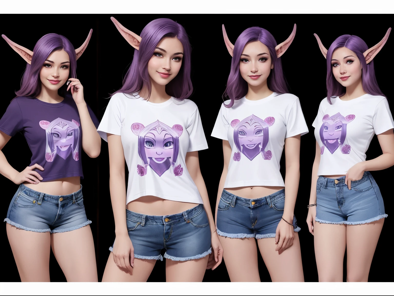 Night elf women in World of Warcraft,Purple skin,Wearing a stylish white belly-baring T-shirt and blue denim shorts,T-shirt with pink smiley pattern,Put your hands behind your back,Shy expression,Red cheeks,Avoiding eyes