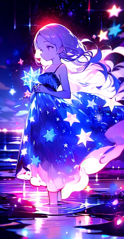 xcdd, dress, Water play, star, water, null, night, Shine, Shine, star, night null, Backlight, Particles of light, Floating Hair,, Absurd, ultra detailed, masterpiece, highest quality, beautiful, detailed,, Severe, One girl, (White eyes:1.1), (Grey Eyes:1.3), Gray Hair, Very long hair, Parted hair, Parted bangs, Medium chest,