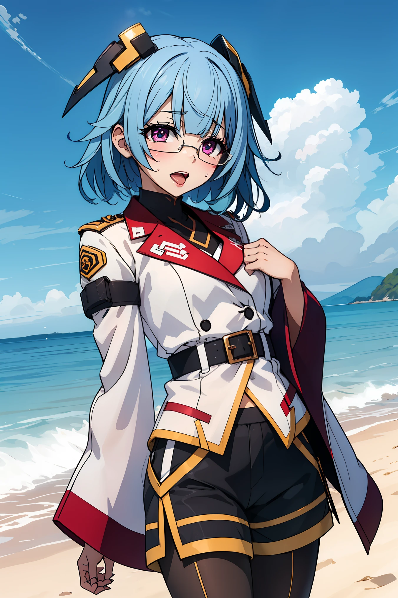 sarashiki kanzashi,1girl,solo,short hair,blue hair,red eyes,glasses,bangs,medium hair,
BREAK (pantyhose under shorts, , seamed legwear, shorts, shoulder boards, swept bangs, wide sleeves:1.2),
BREAK (outdoor,Blue sky,White cloud,beach,shore,seawater:1.2)
BREAK eyes rolling, tongue sticking out, with tongue, crazy, open mouth, screaming, ahegao, heavy breathing, blush, sweat,
BREAK (masterpiece:1.2), best quality, high resolution, unity 8k wallpaper, (illustration:0.8), (beautiful detailed eyes:1.6), extremely detailed face, perfect lighting, extremely detailed CG, (perfect hands, perfect anatomy),