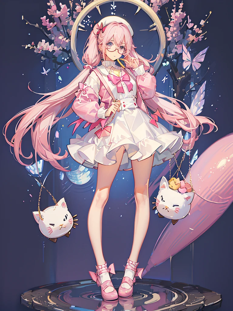 Blue White Low Twintails Hair with Butterfly bow, pink eyes, girl, Oversized baby Pink Knitted Sweater with White Bow, Baby Pink plaid skirt with Bandage baby pink socks and with pink white shoes, pink beret with heart arrow ribbon, hello kitty white glasses with mini baby pink bow, Metal star necklace, mini toro backpack, eating rabbit cookies, high quality